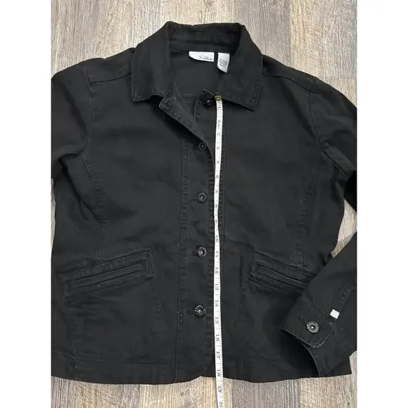 Chicos Platinum Black Denim Jacket Womens Size 1 M Button Front Stretch Cotton - Picture 3 of 5